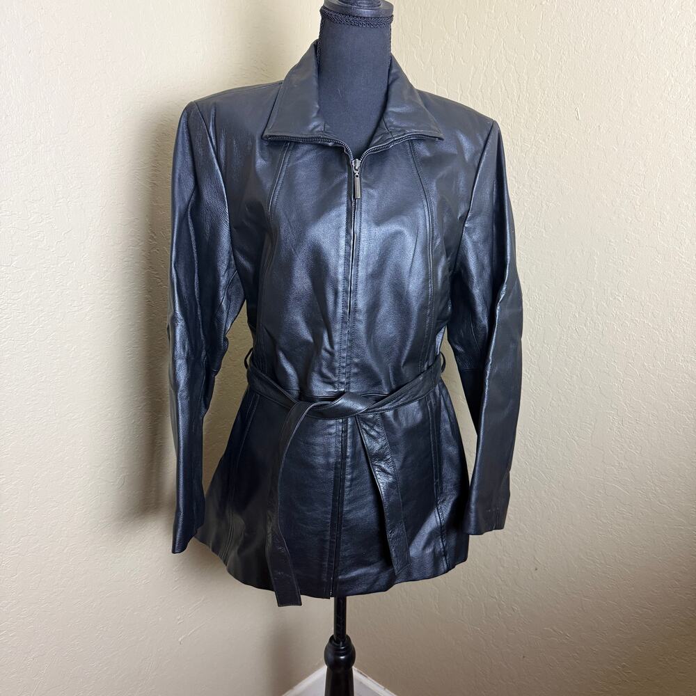 Worthington Women’s Large Black Genuine Leather Belted Zip Jacket Coat